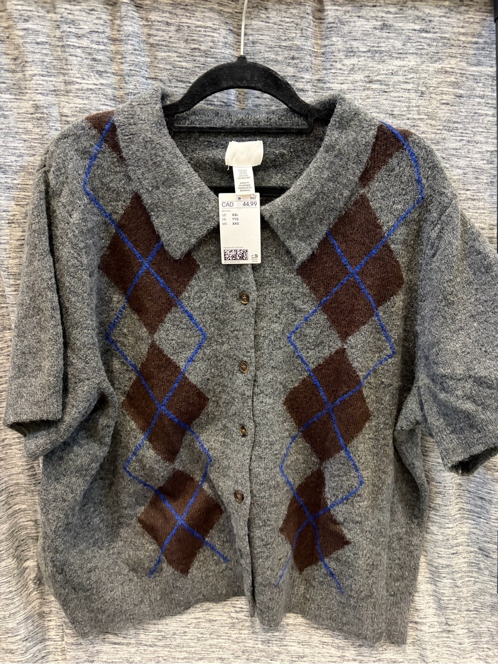 H&M Gray Sweater Cardigan with Brown and Blue Argyle